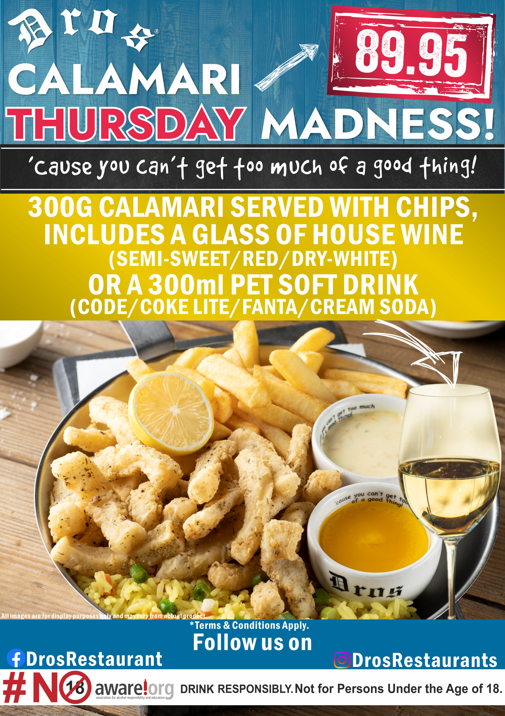 Image of the April 2023 Dros Calamari Special offer for R89.95, including a glass of wine or soft drink